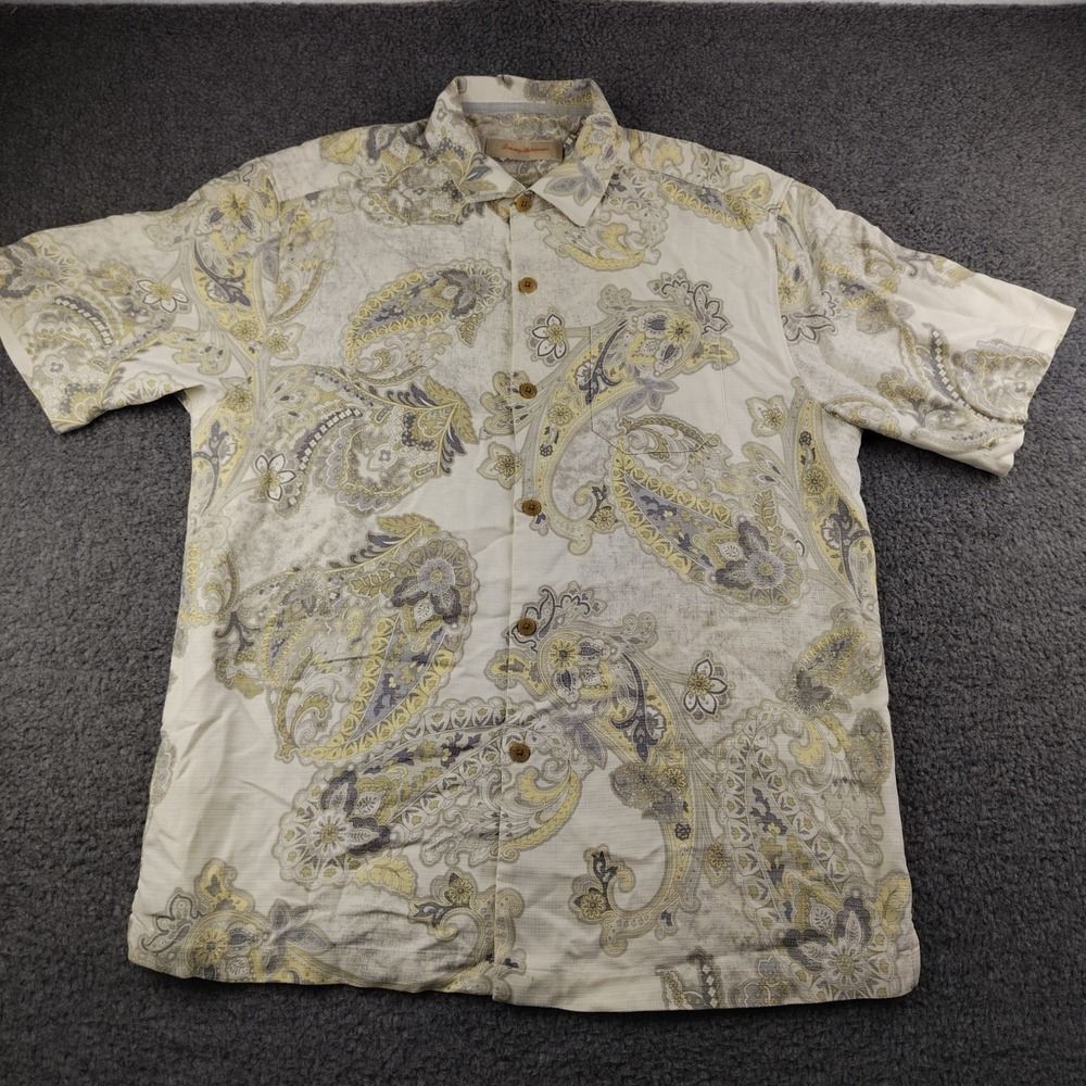Tommy Bahama Mens Medium Silk Paisley Button Up Shirt Yellow SS Hawaiian